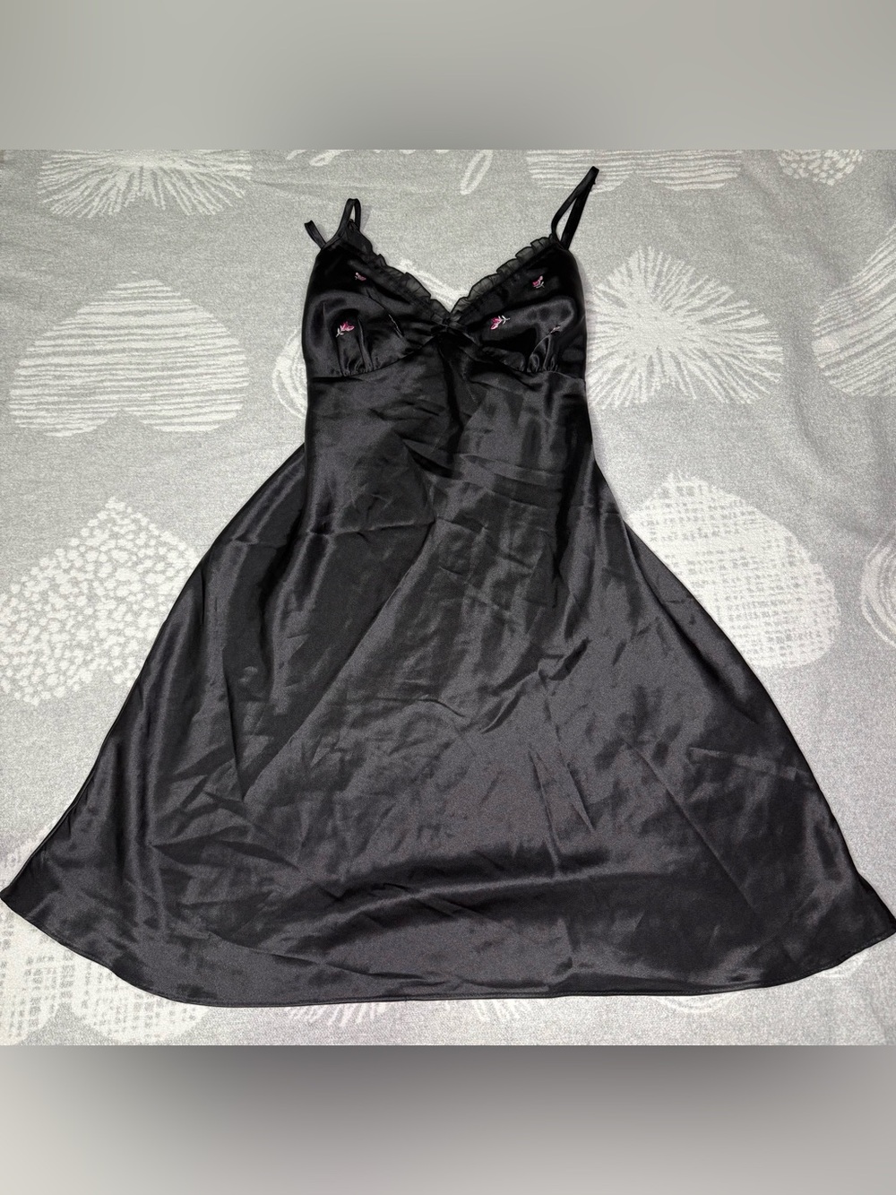 Black Satin Floral Embroidered Babydoll Slip Dress Small